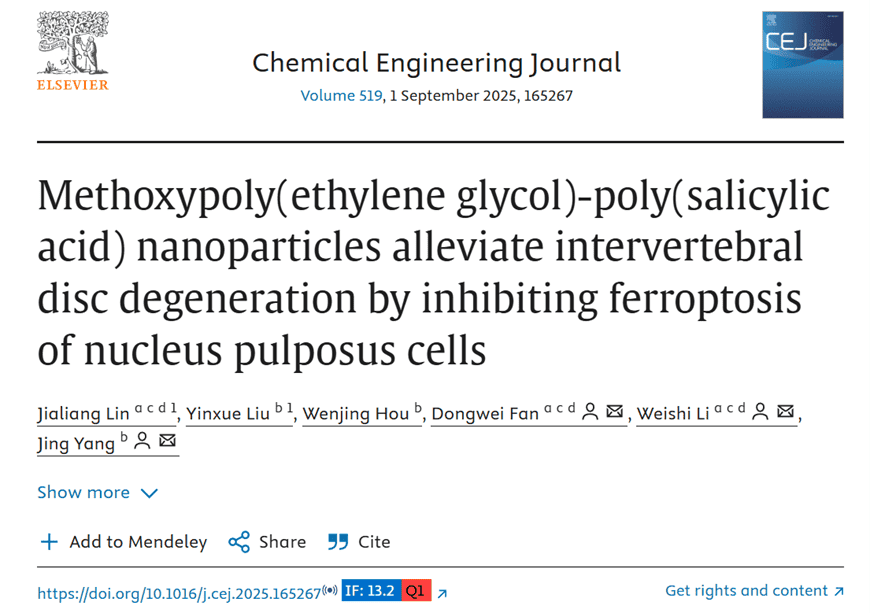 Methoxypoly(ethylene glycol)-poly(salicylic acid) nanoparticles alleviate intervertebral disc degeneration by inhibiting ferroptosis of nucleus pulposus cells