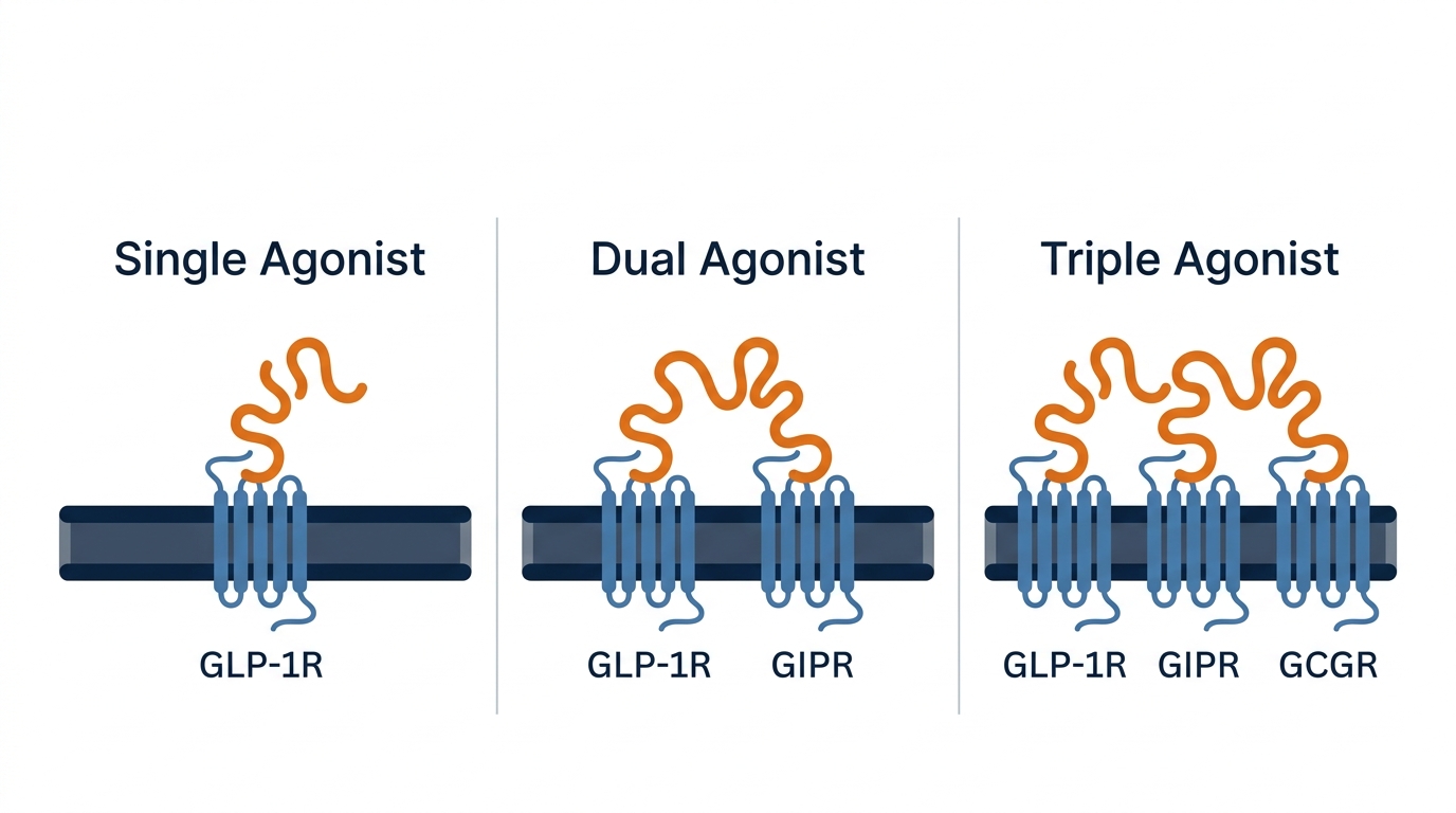 Single Agonist vs Dual Agonist vs Triple Agonist — GLP-1R, GIPR, GCGR receptor mechanism comparison for semaglutide, tirzepatide, and retatrutide