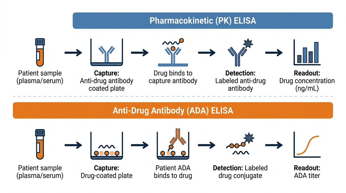 Pharmacokinetic PK ELISA vs Anti-Drug Antibody ADA ELISA workflow comparison for incretin drug analysis